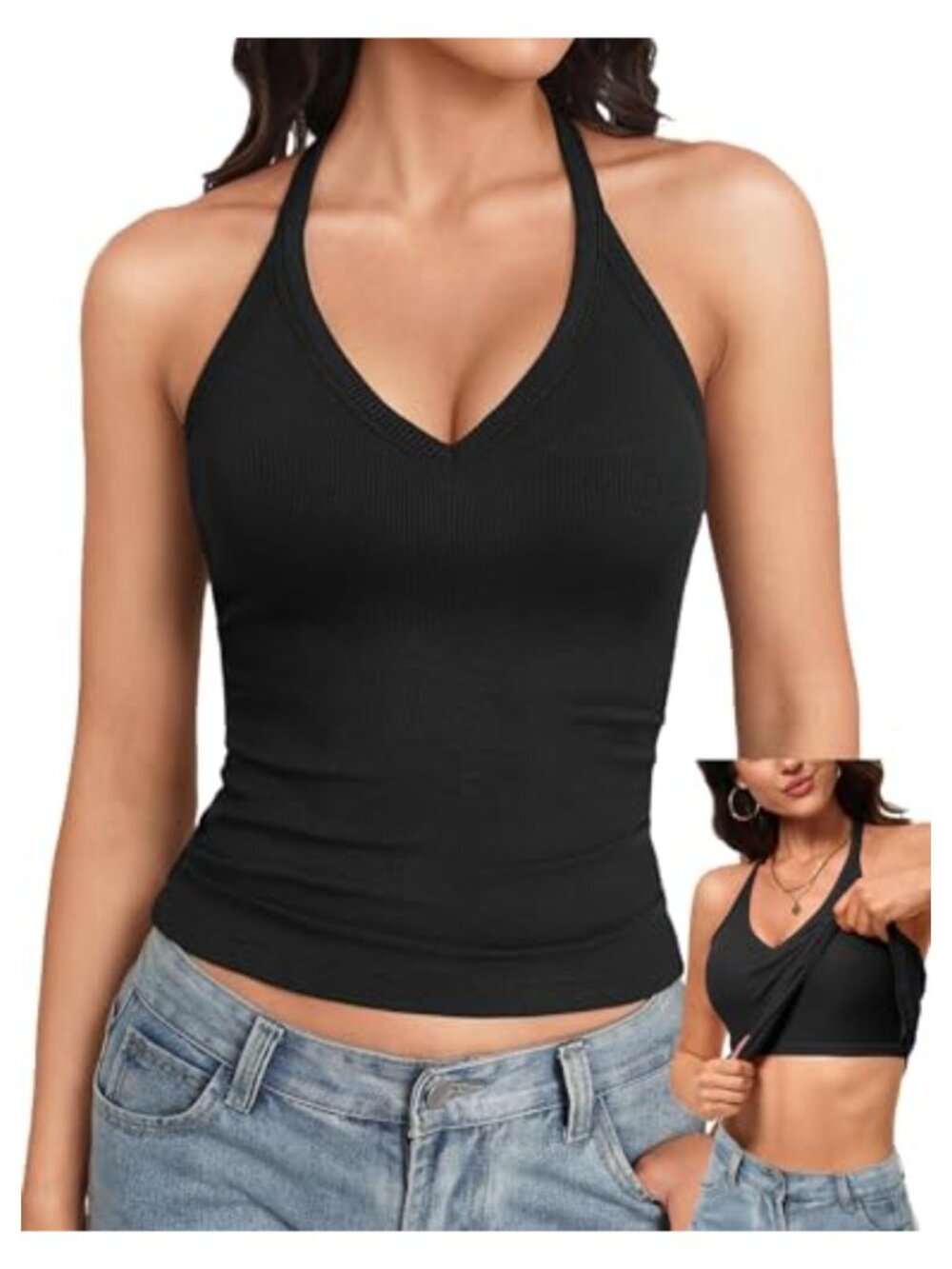 V Neck Tank Top Built in Bra Ribbed Racerback Fitted Long Cami